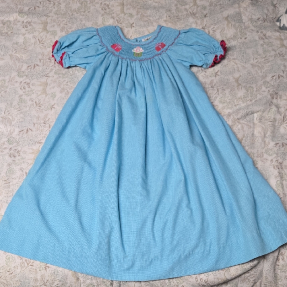 Blue Smocked Dress with Embroidered Cupcake & Presents